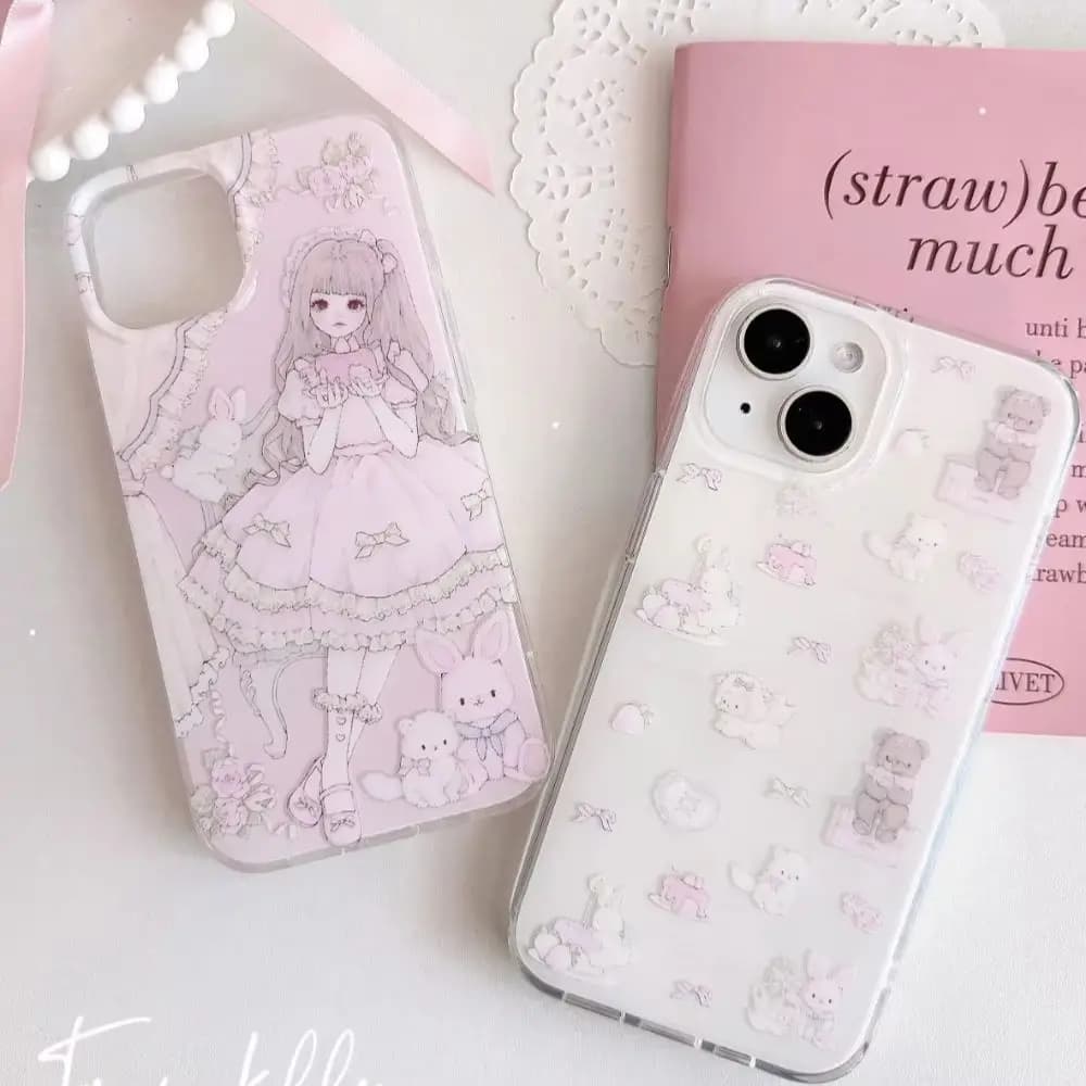 Japanese Korean Ins Manga Lolita Girl Pink Y2K Phone Case For iPhone 17A 16 15 14 13 12 11 Pro Max 16 15 14 Plus Anti Drop Cover