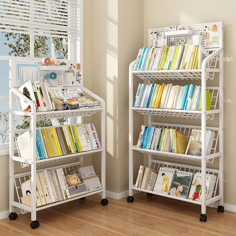Portariviste da soggiorno Libreria in ferro Scaffale multistrato da pavimento Organizzatore di stoccaggio mobile Ruote Libri Giocattoli Mobili