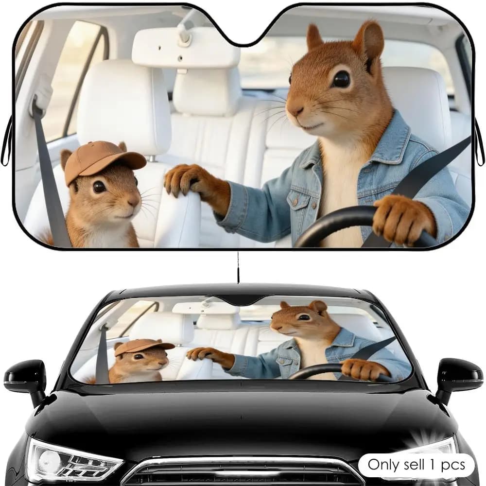 Parasole per Auto Squirrel Road Trip Crew, Riutilizzabile in Alluminio, Protezione UV, Isolamento Termico, Copertura Ombreggiante
