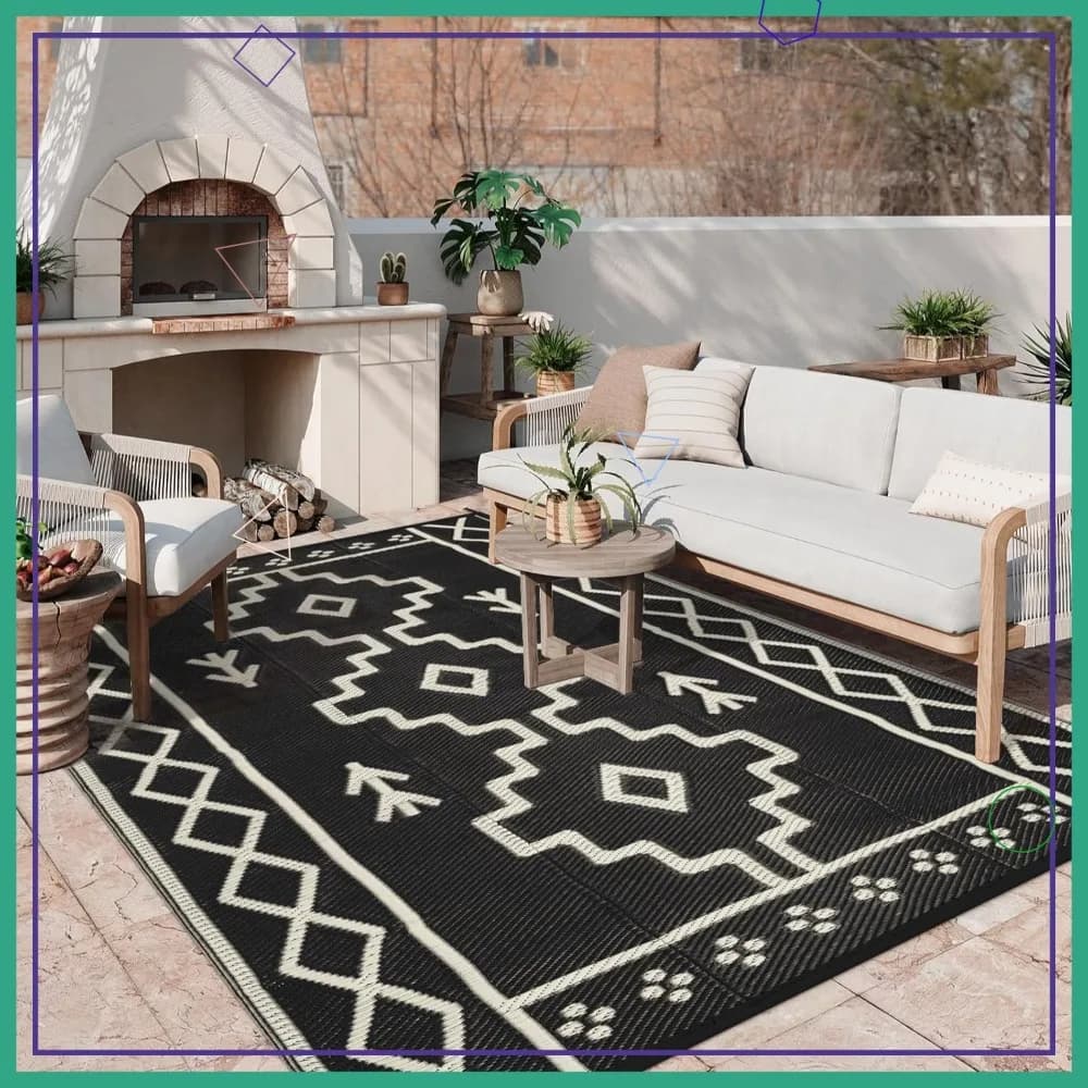 Tappeto da Esterno Impermeabile 8x10, Tappetino Reversibile Nero Boho per Camper, Tappeto in Paglia Sintetica per Patio, Campeggio, Terrazza, Piscina