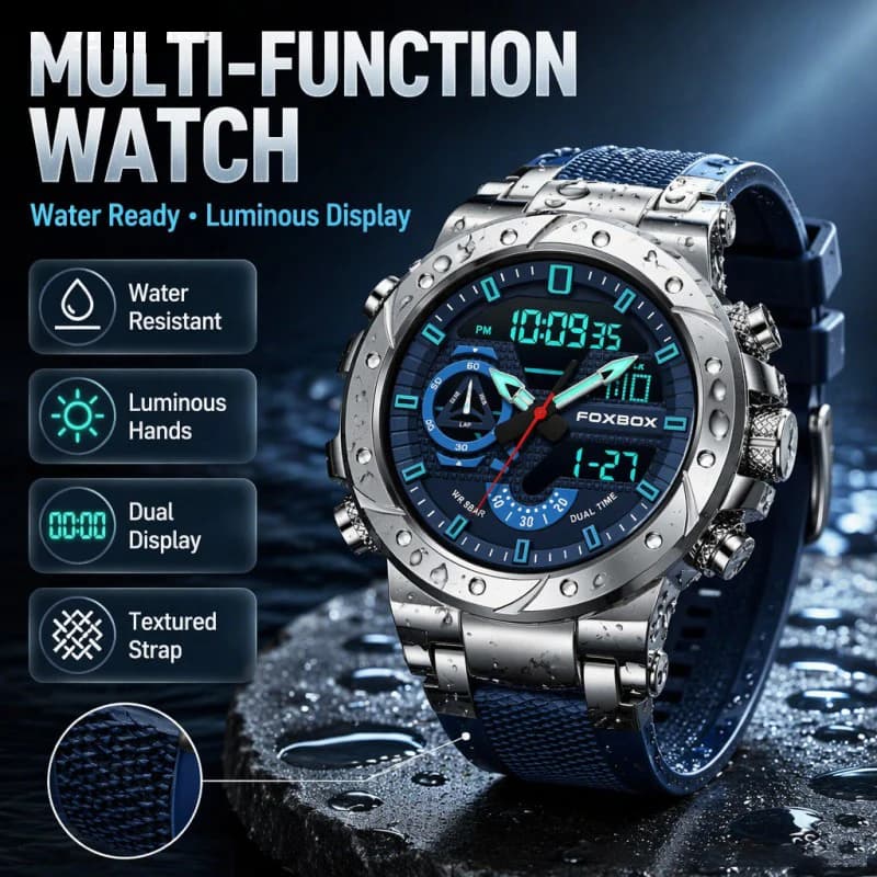 Foxbox Top brand Sport Quartz Men's Watches LED Display Shock Resistant 50M Waterproof Alarm Clock Analog Digitals Watch For Men