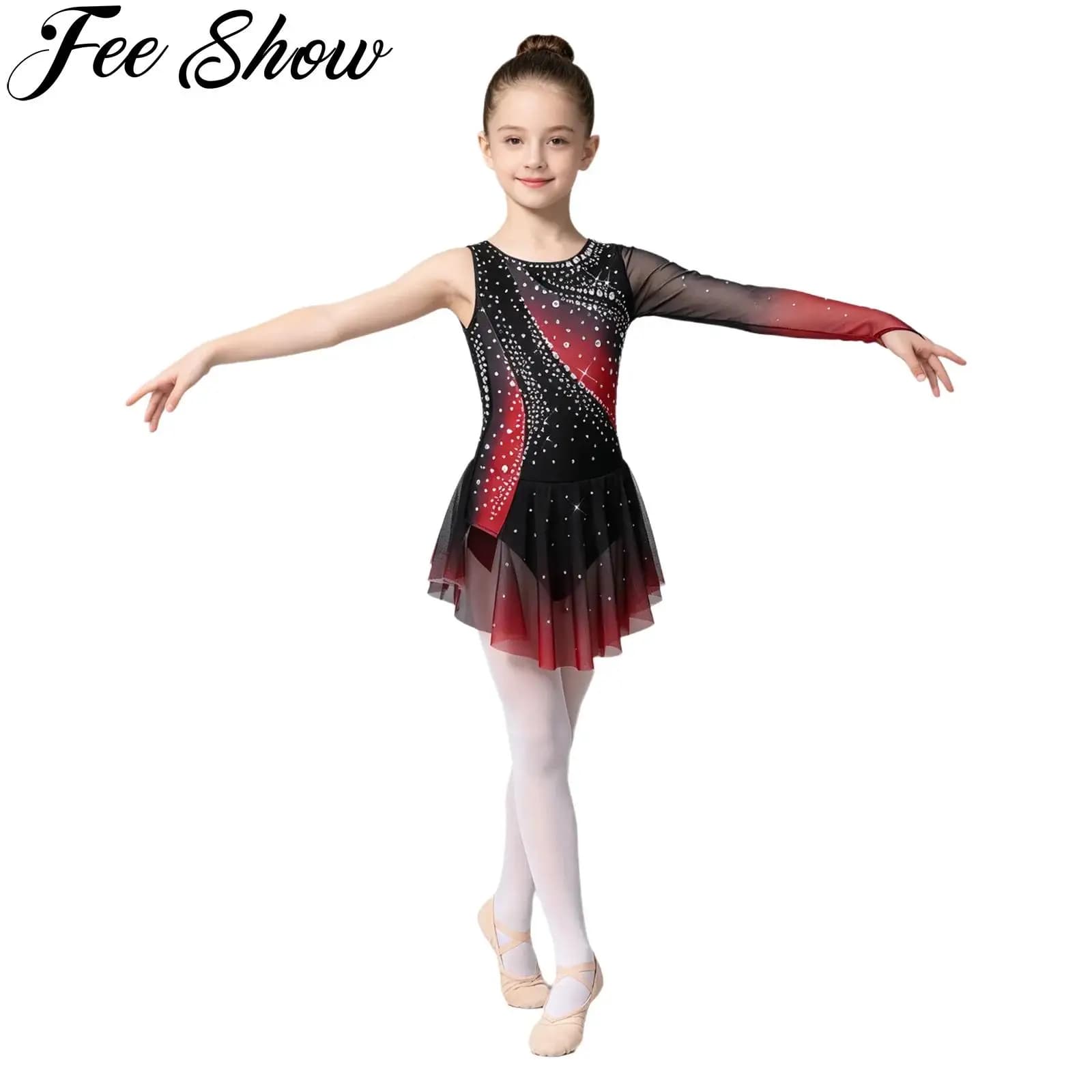 Kids Girls Lyrical Dance Figure Skating Dress Ballet Jersey Shiny Rhinestone Split Sheer Mesh Leotard for Rhythmic Gymnastics