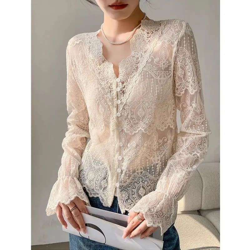 Camicia con fondo sottile scavato in pizzo Primavera Estate Nuovo scollo a V Prospettiva solida Moda Top T-shirt Abbigliamento donna elegante sexy
