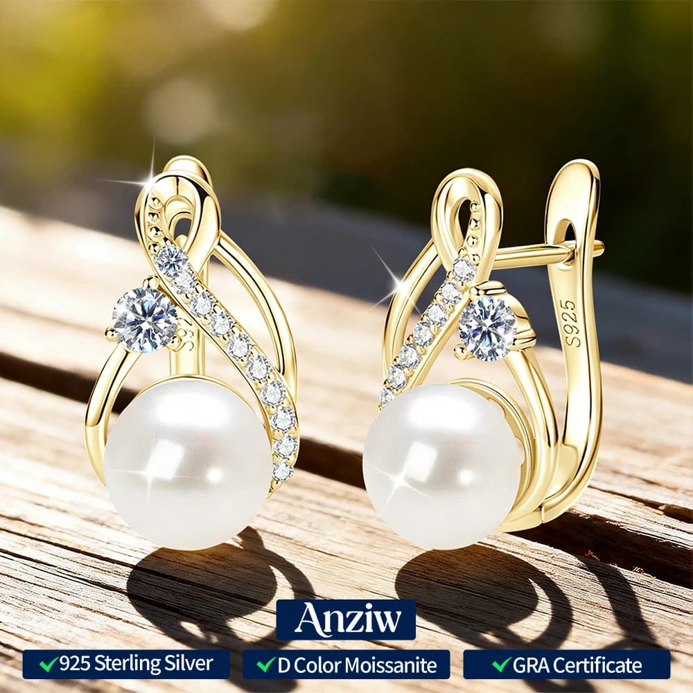 Anziw Vintage 7.5-8mm Freshwater Pearl Moissanite Hoops Earrings Silver 925 Sterling Wedding Engagement Jewelry for Women Gifts