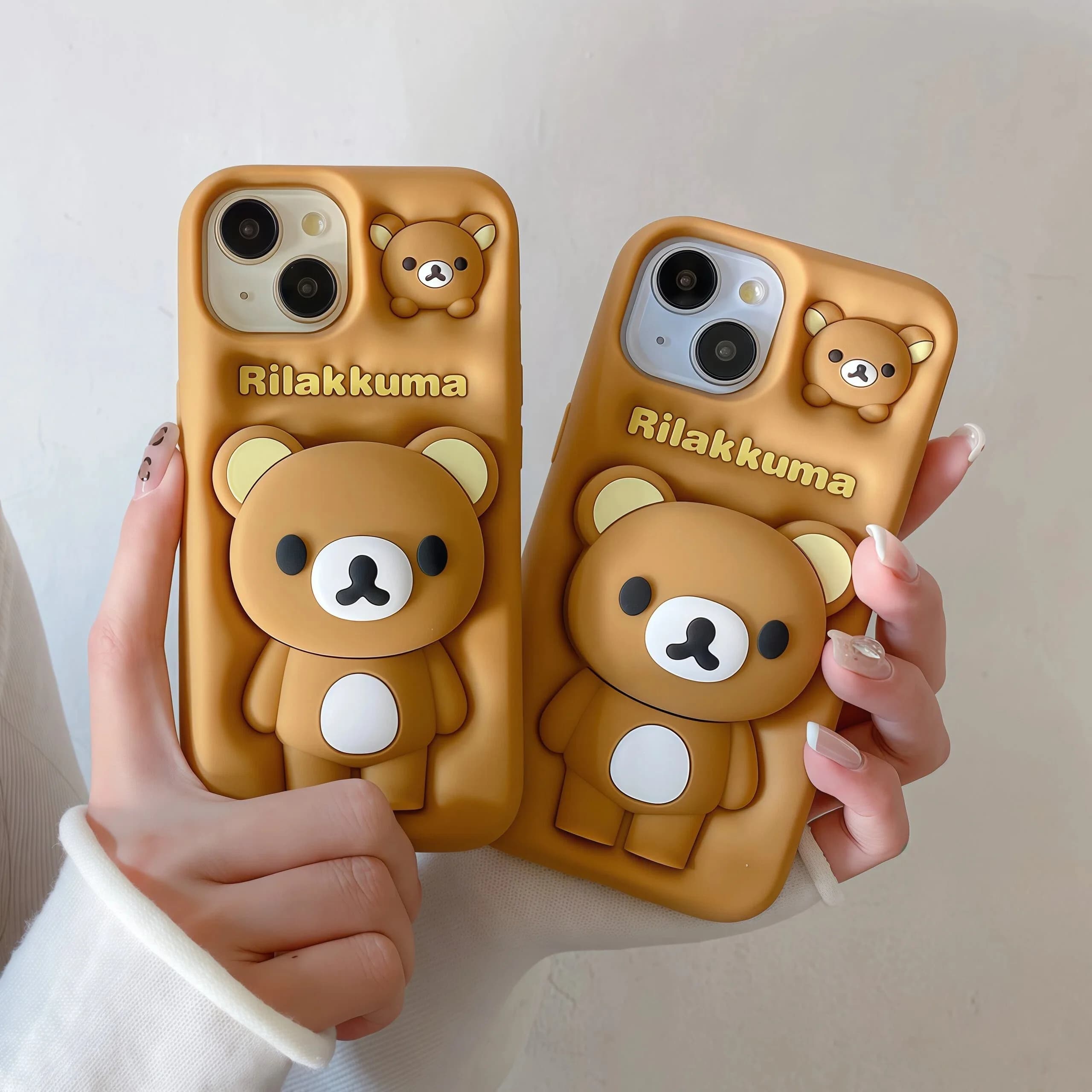 Custodia per telefono antiurto in silicone con supporto a forma di testa di Rilakkuma per iPhone 17 16 15 14 13 12 11 Pro Max Plus