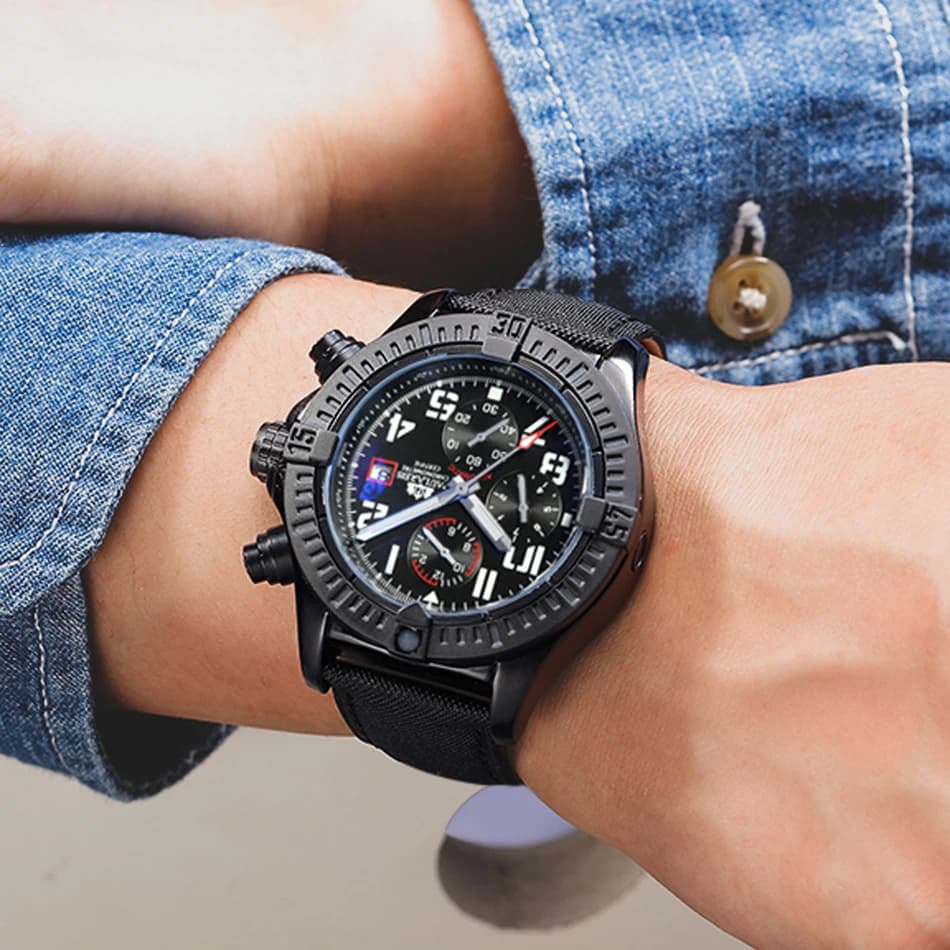 Men's Automatic mechanical watch self winding authentic black blue canvas in genuine multifunction leather with date and month