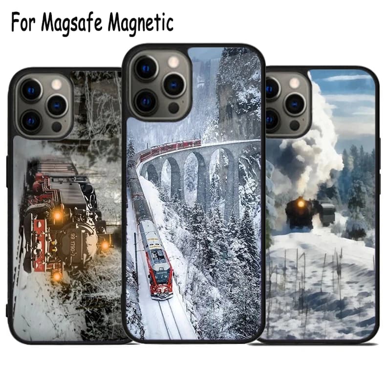 Custodia per telefono wireless ferroviaria locomotiva treno neve per iPhone 17 Air 15 16e 14 13 11 12 Pro Max Plus Magsafe copertura magnetica