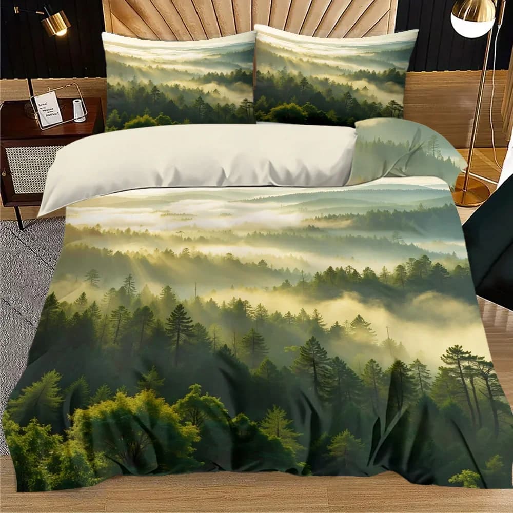 3pcs Foggy Mountain Valley, Lush Forest, Sunny Sky Printed Bedding - Includes 1 Quilt Cover and 2 Pillow Cover (without Filler)