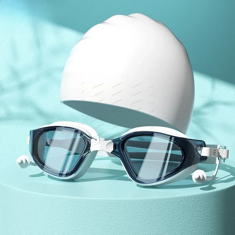 Set di occhialini da nuoto HD antiappannamento impermeabili con montatura grande e cappuccio da nuoto per uomo e donna, attrezzatura professionale per immersioni in piscina