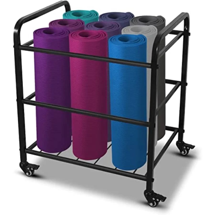 Carrello portaoggetti nero per tappetini yoga, organizer mobile per palestra domestica e studio, per foam roller, cinghie yoga e fasce di resistenza