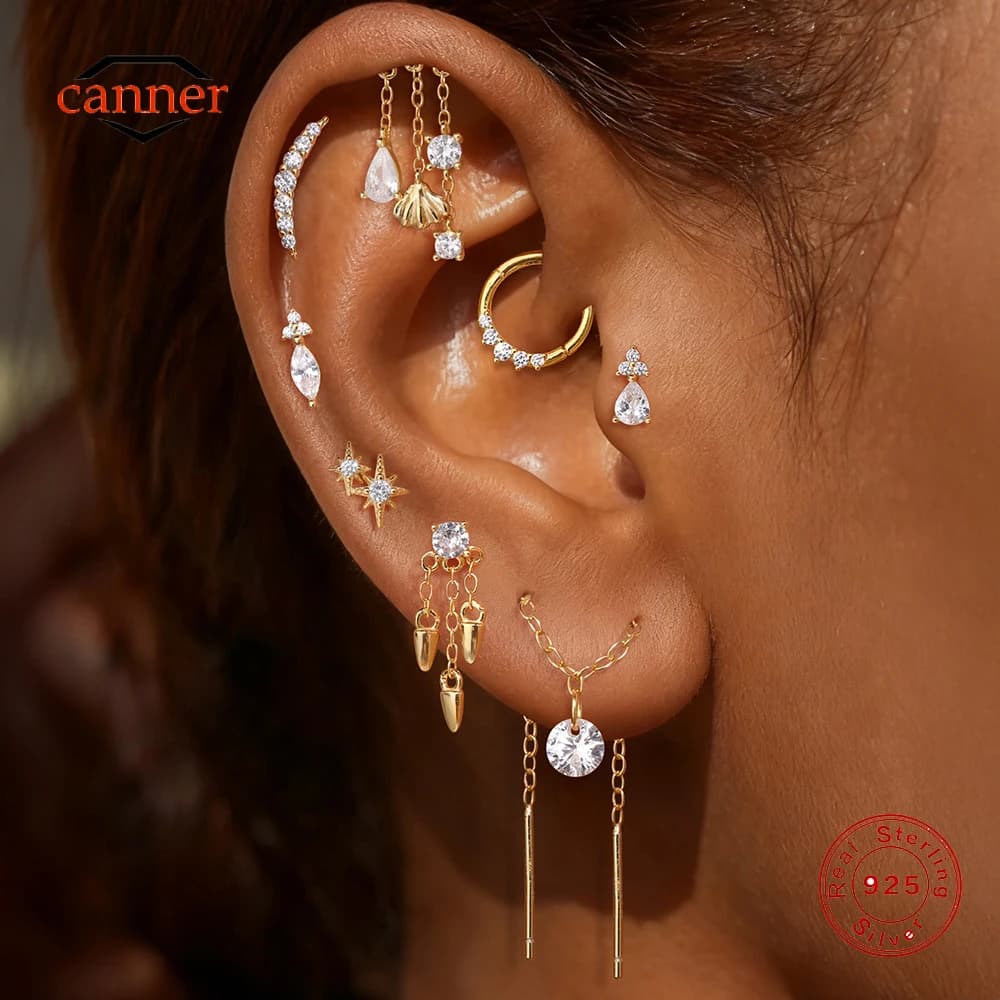 CANNER 1PC 925 Sterling Silver geometrica nappa CZ testa piatta orecchino di puntura per le donne Ins classico orecchino stella a otto punte