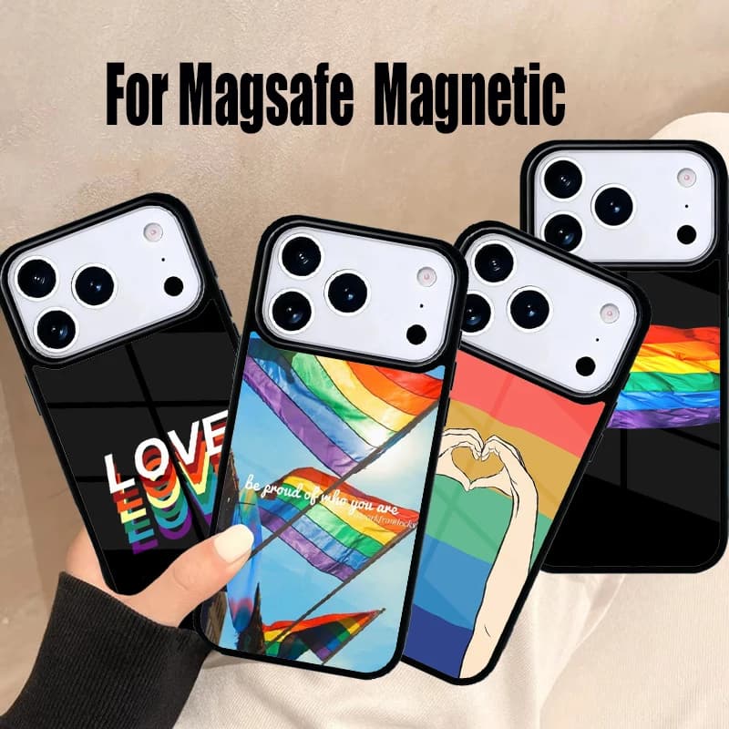 Cover per iPhone con Bandiera Arcobaleno LGBT Gay Pride per iPhone 17 Air 16e 15 14 13 12 11 Pro Max Plus, Cover Magnetica Wireless Magsafe