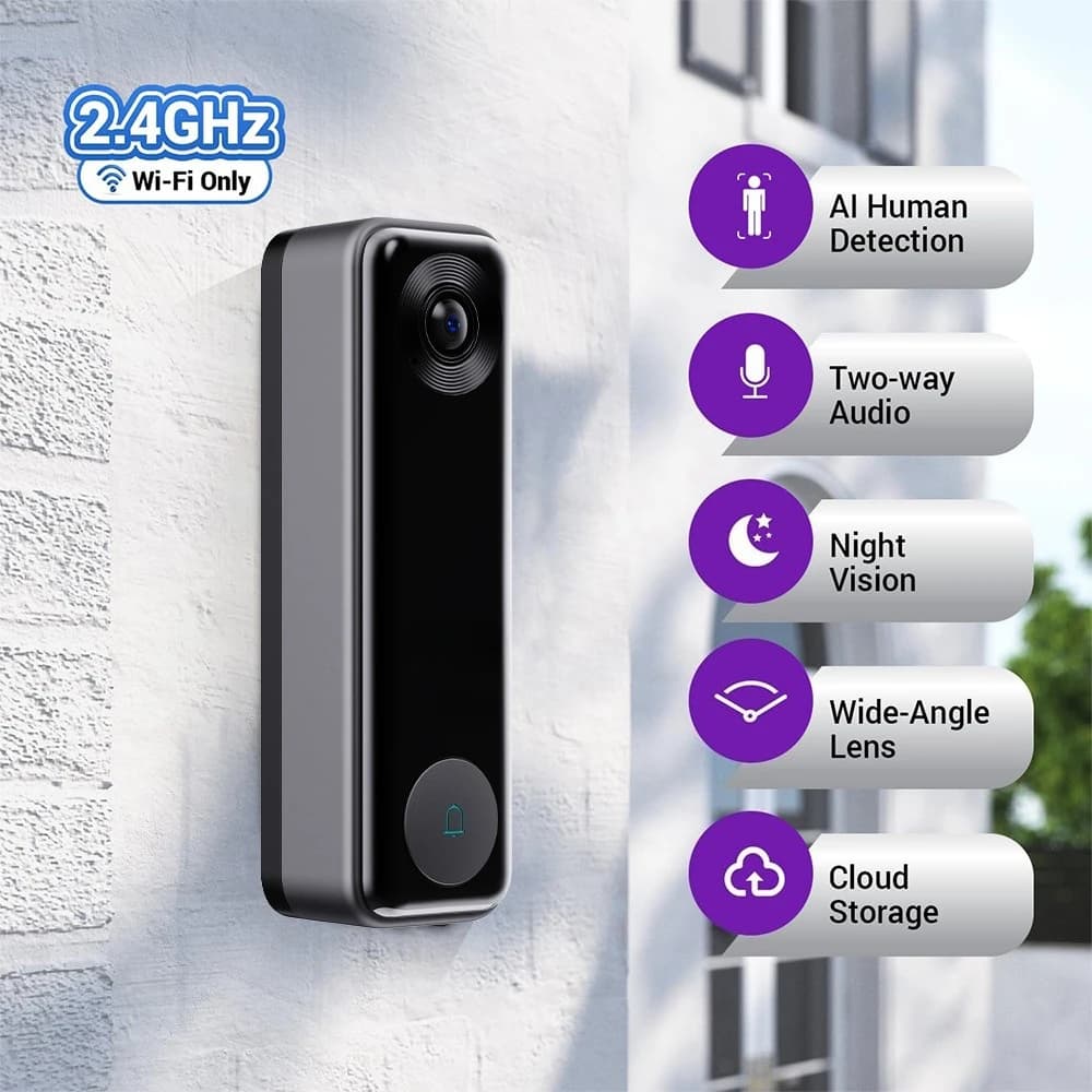 Campanello con Telecamera, Audio Bidirezionale, Videocitofono Wireless, Rilevamento Umano, Visione Notturna, Campanello WiFi 2.4G, Sicurezza Casa Intelligente