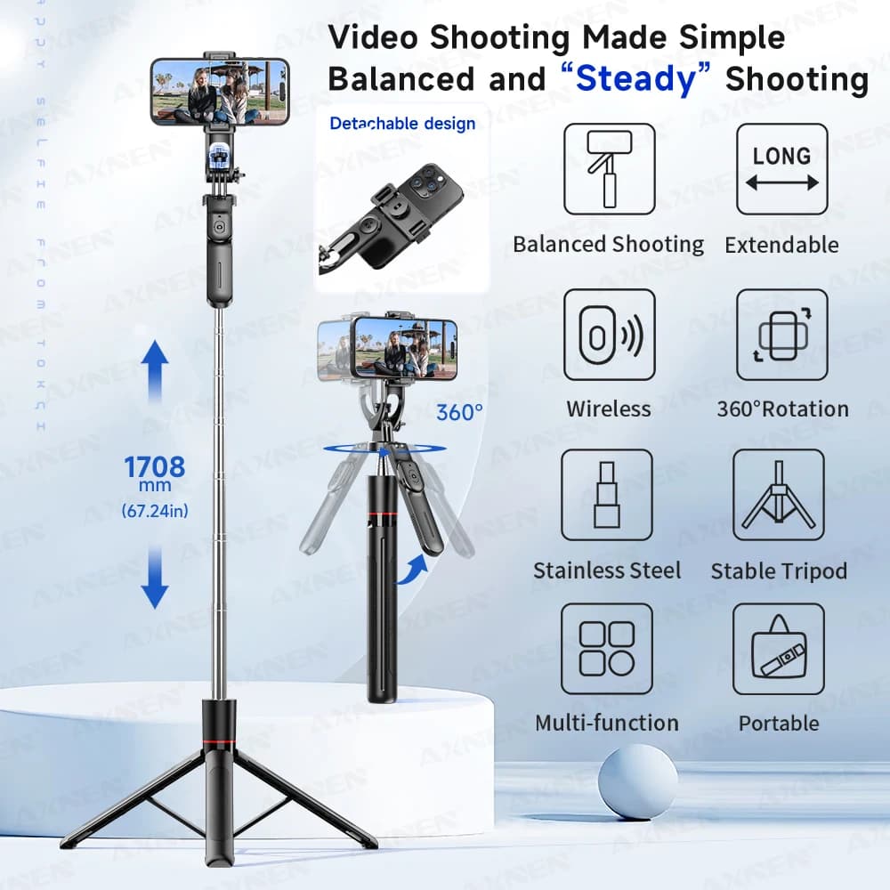 Treppiede F16 con Interfaccia 1/4'' Asta Selfie Estensibile per Smartphone 360 ° Telecamera Rotante per Riprese Video, Vlog e Trasmissioni in Diretta con Telecomando