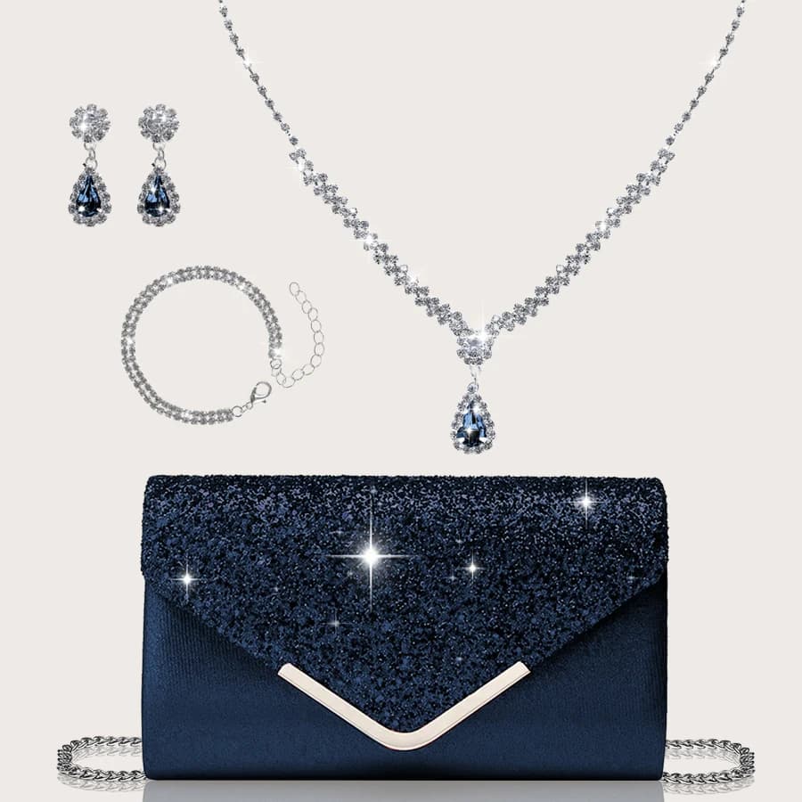 Beautiful and elegant glittering woman's clutch, combined with a splendid set of four necklaces, earrings and bracelet with rhinestones.
