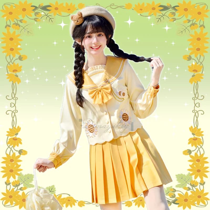 2025 JK Uniforme scolastica Girasole Vestito da marinaio Crema Giallo Top Gonna a pieghe Papillon Abiti carini Vestito di Halloween per ragazza NUOVO