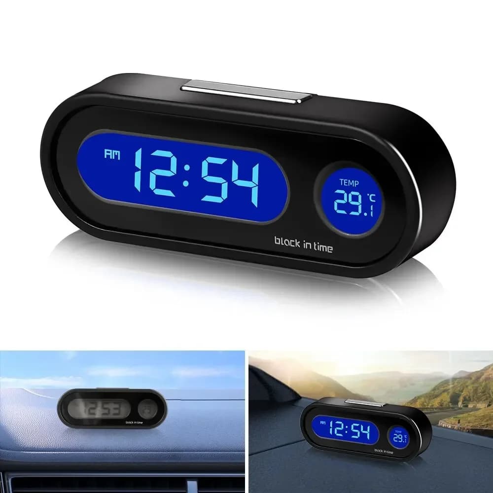 Orologio per presa d'aria per auto con termometro Display LCD Luce notturna Monitor digitale della temperatura dell'ora del cruscotto per interni auto