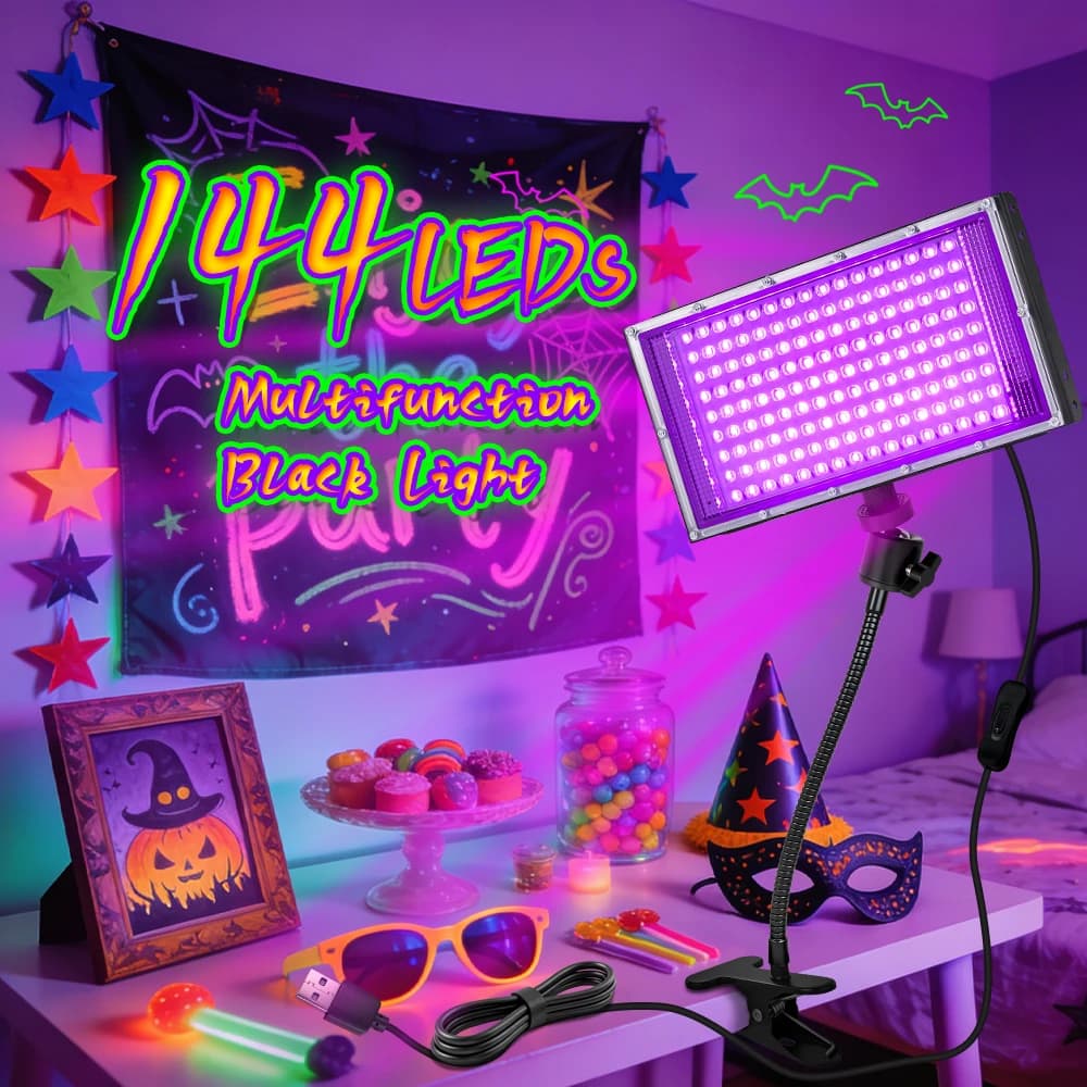 Lampada a clip con luce UV viola da 144 LED con rotazione a 360° ° Lampada da Scrivania LED USB con Testa Girevole Universale, Luce Flessibile a Collo d'Oca