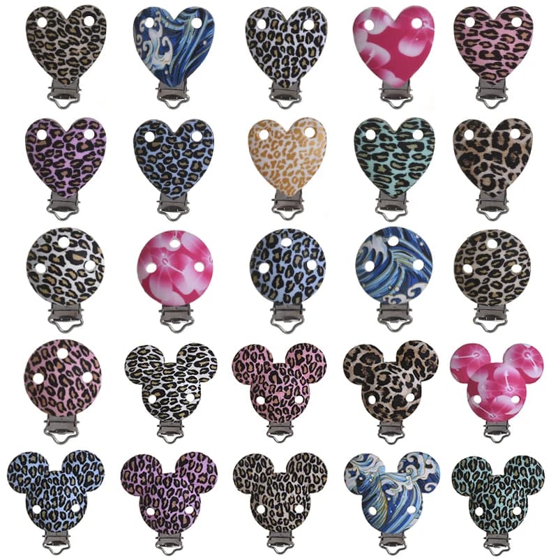 1 pz clip in silicone stampa leopardo cuore rotondo a forma di topo porta ciuccio clip per ciuccio per creazione di gioielli con catena ciuccio fai da te