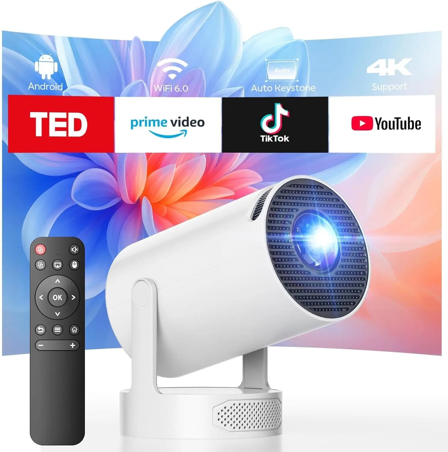 Mini Proiettore Smart WiFi Bluetooth 4K, Supporto 300 ANSI, Proiettore Portatile per Film con Correzione Automatica Keystone