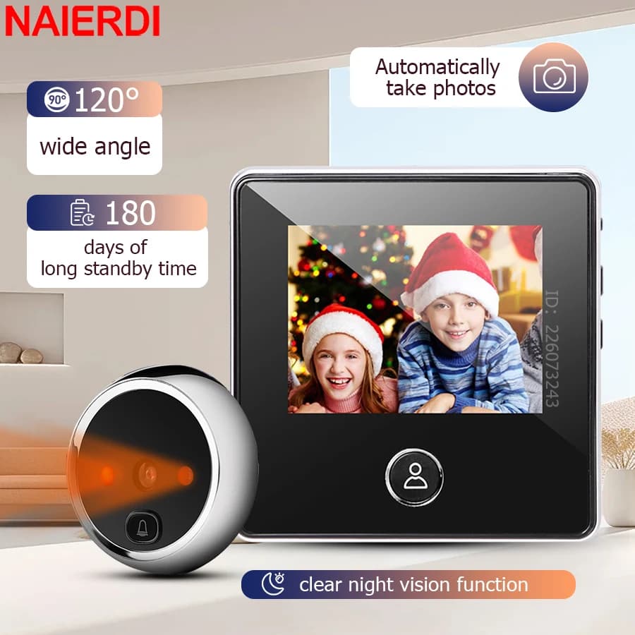 NAIERDI Spioncino intelligente Schermo LCD da 2,8", telecamera spioncino per visione notturna IR, campanello elettronico con registrazione fotografica