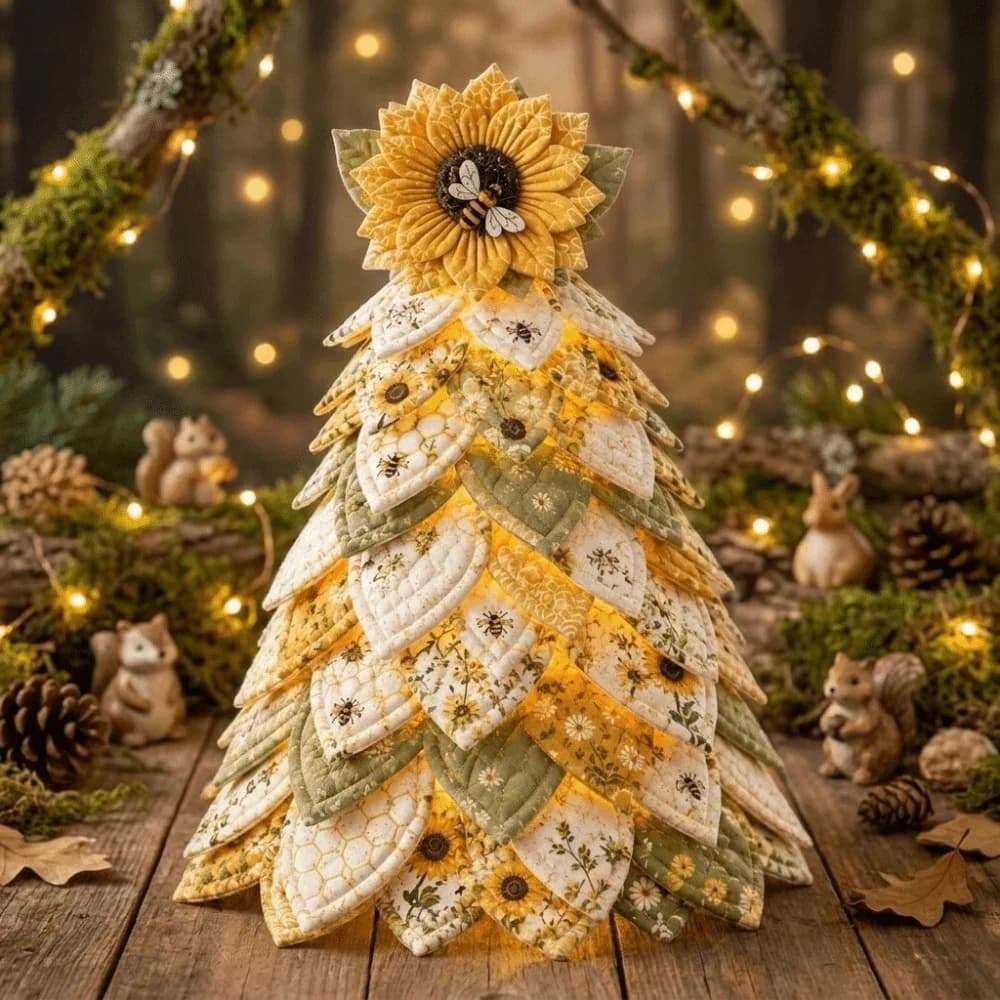 Vintage DIY Quilted Christmas Tree Kit Hydrangea Layered 3D Tabletop Christmas Sewing Kit Handcraft Sunflower