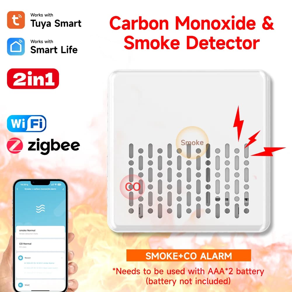 2 in 1 WiFi/Zigbee Tuya Smart Co&Smoke Detector Alarm Carbon Monoxide Parlor Room Kitchen Shop Fire Sensor Alert