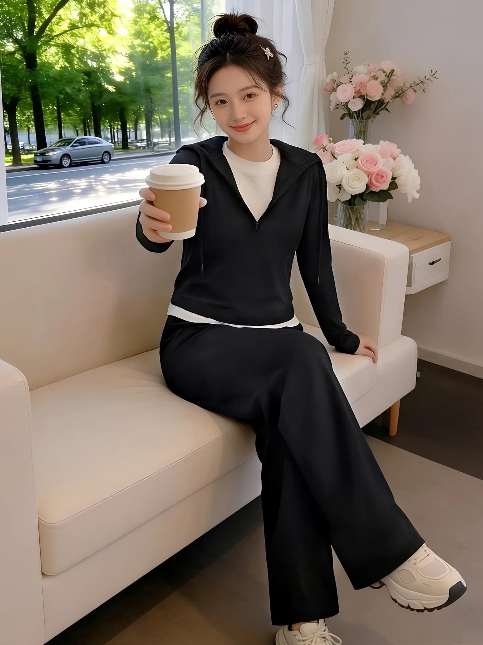 Completo Coreano con Felpa e Pantaloni a Gamba Larga da Donna, Nuovo Set Primaverile Slimming Due Pezzi, Tendenza Casual da Lavoro con Maniche Lunghe e Cerniera
