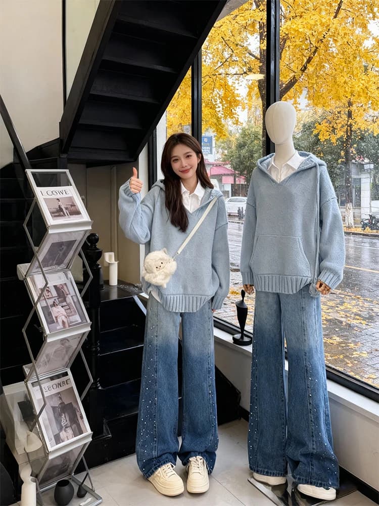 Soft Lazy Sle Knitted Hat Sweatirt Wide Leg Jeans Tee Piece Set Women Winter Sweet Cool Streetwear Combination