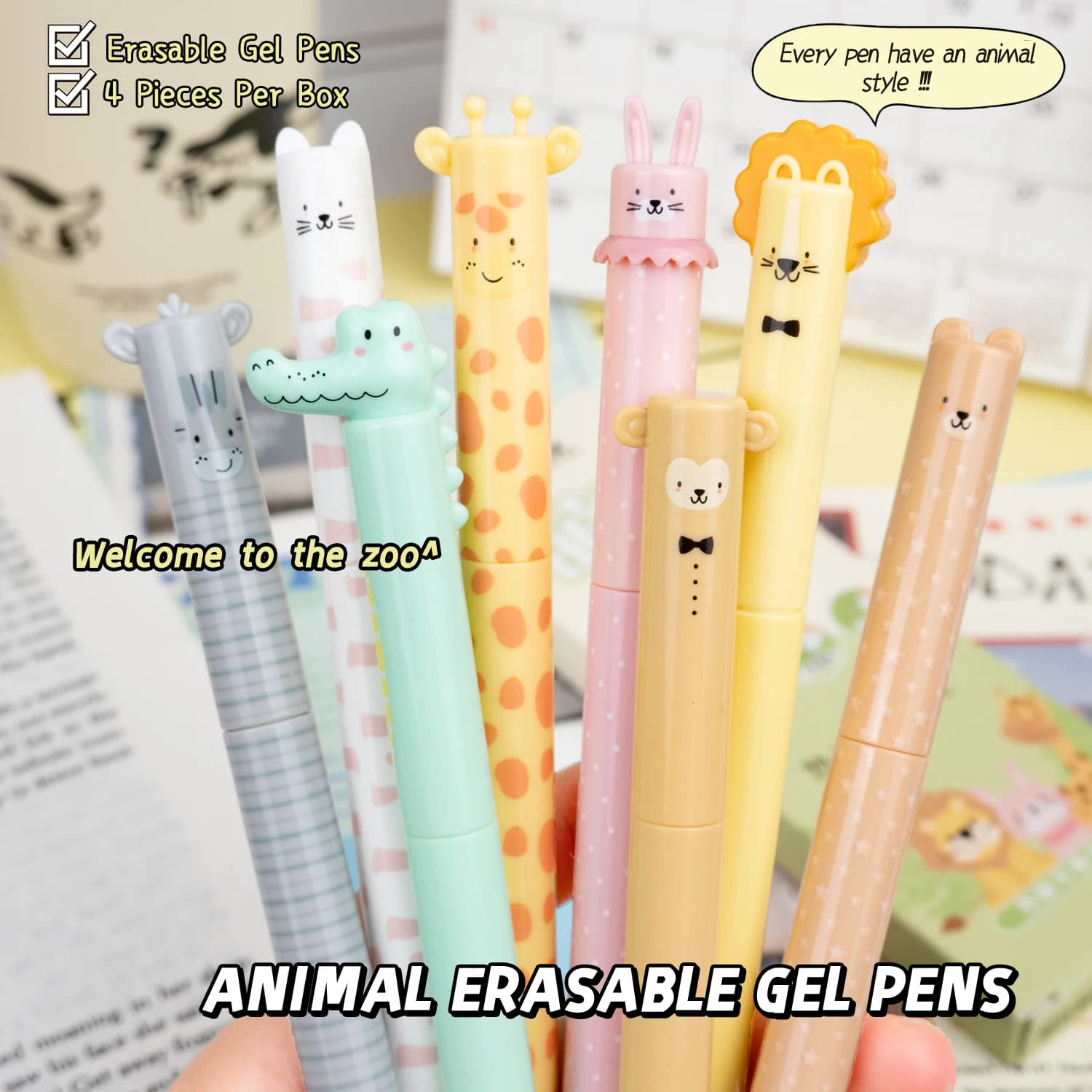 4 Pz/scatola Simpatico Animale Del Fumetto Penne Cancellabili 0.5mm Inchiostro Blu Rotante Penne Gel per I Bambini Studente di Scuola di Scrittura di Cancelleria