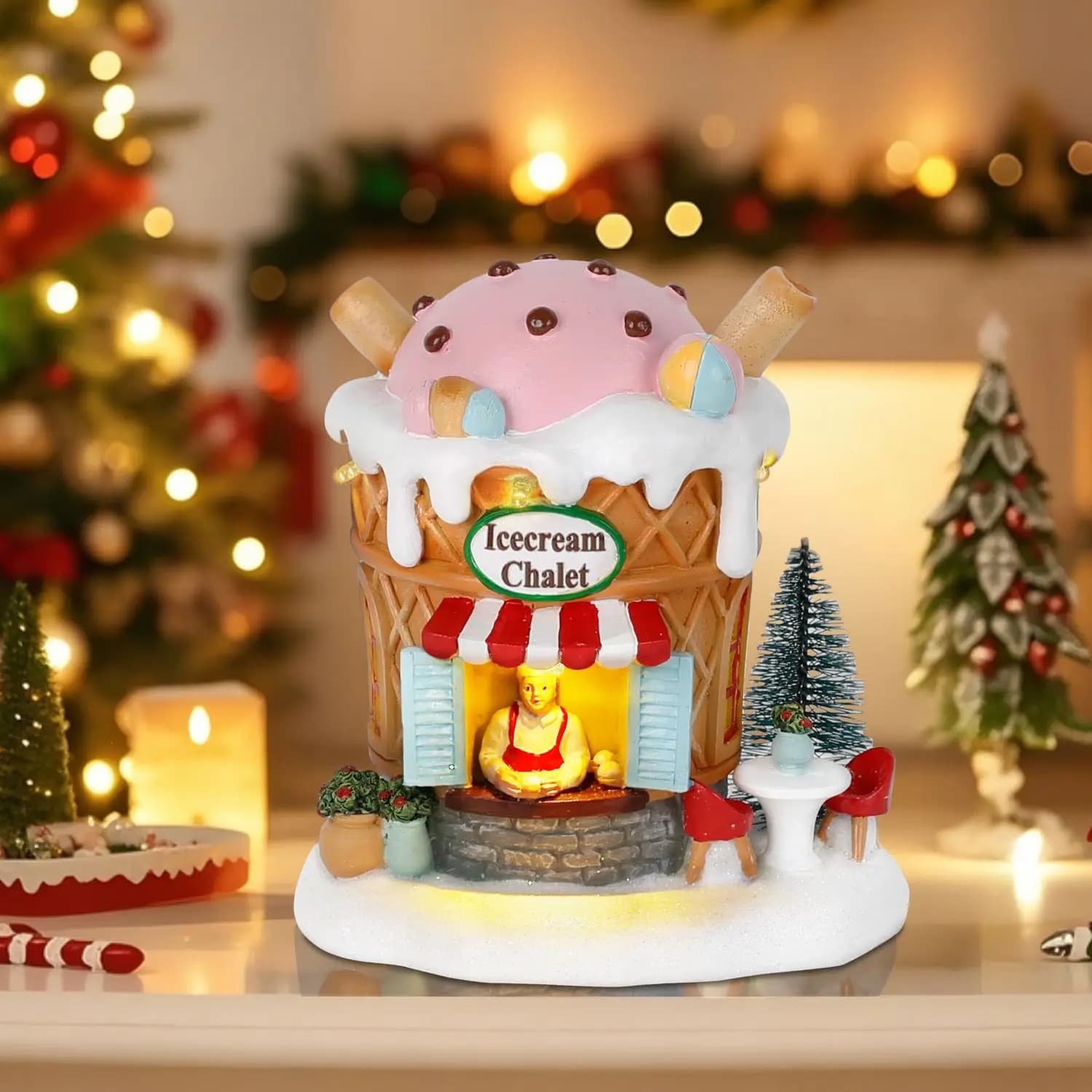 Illumina la casa del villaggio di pan di zenzero Decorazioni natalizie Chalet di gelato Figurine da collezione per negozi di edifici per la casa interna delle vacanze