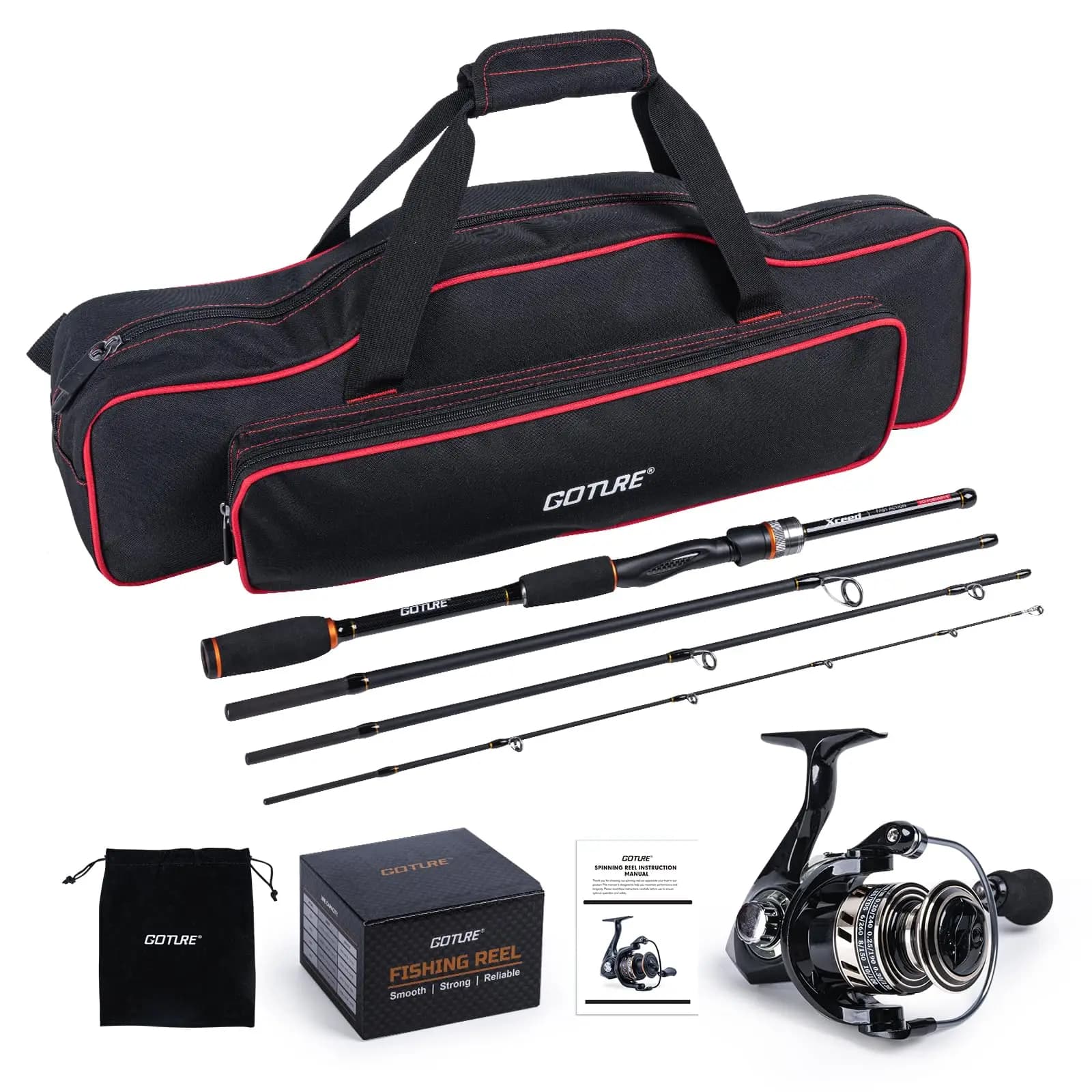 Goture Set Portatile Canna da Pesca e Mulinello con Borsa da Viaggio, Canna da Pesca 1.98-2.1m, Mulinello Spinning 3000, Accessori per la Pesca