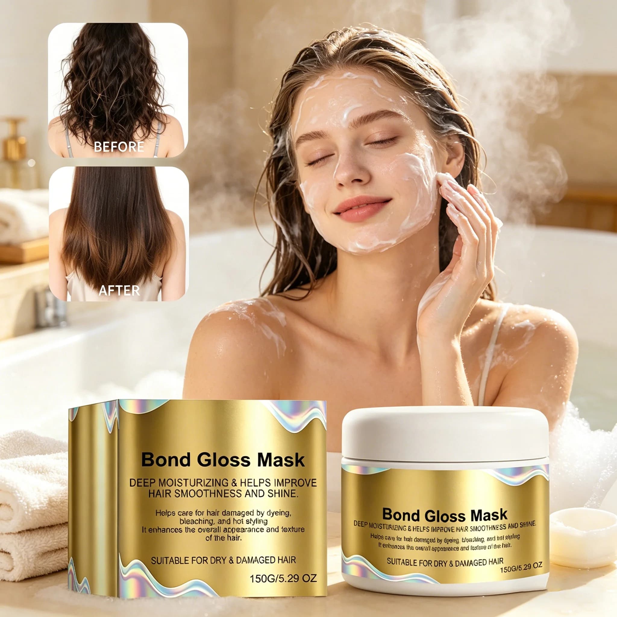 Maschera per Capelli Bond Gloss, Riduce le Doppie Punte, Ripara Capelli Secchi e Danneggiati, Anti-Crespo, Nutriente, Idratazione Profonda, Capelli Lisci