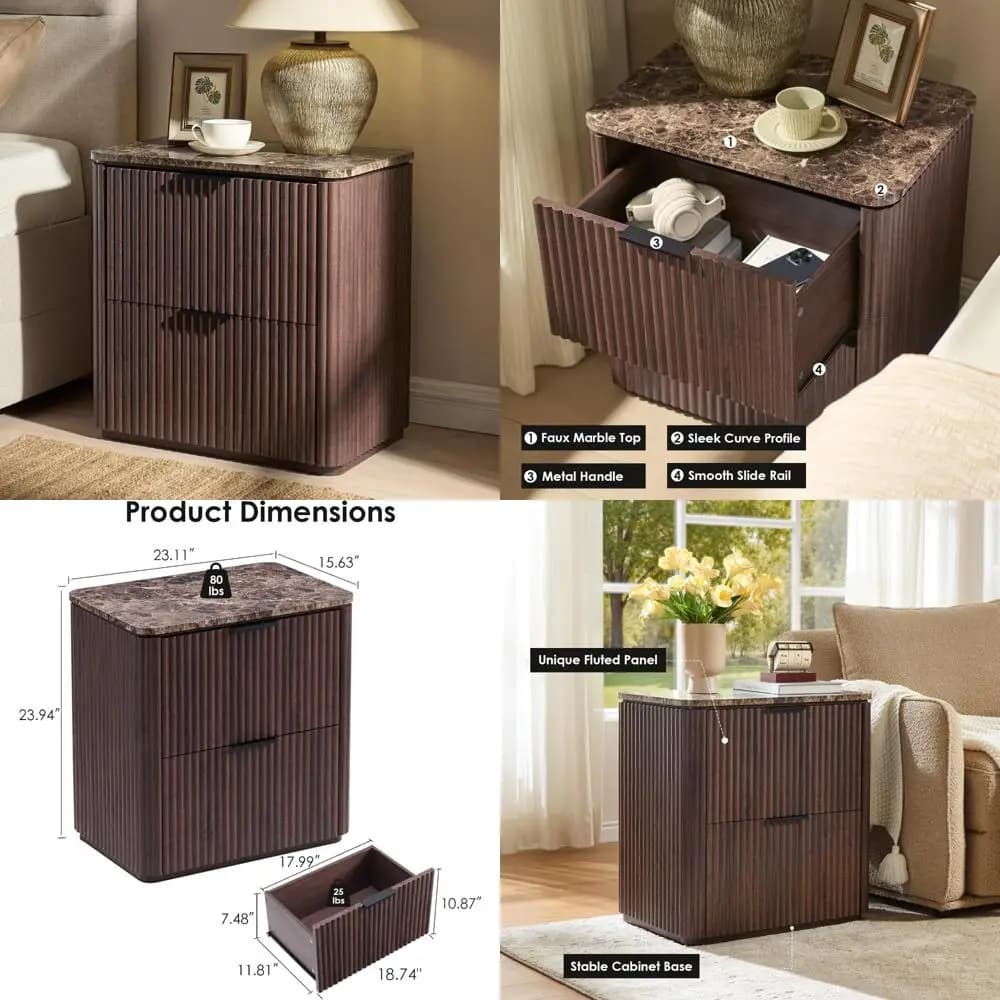 Comodino in legno massello con piano in finto marmo con cassetti, angoli curvi, manici in metallo, comodino moderno