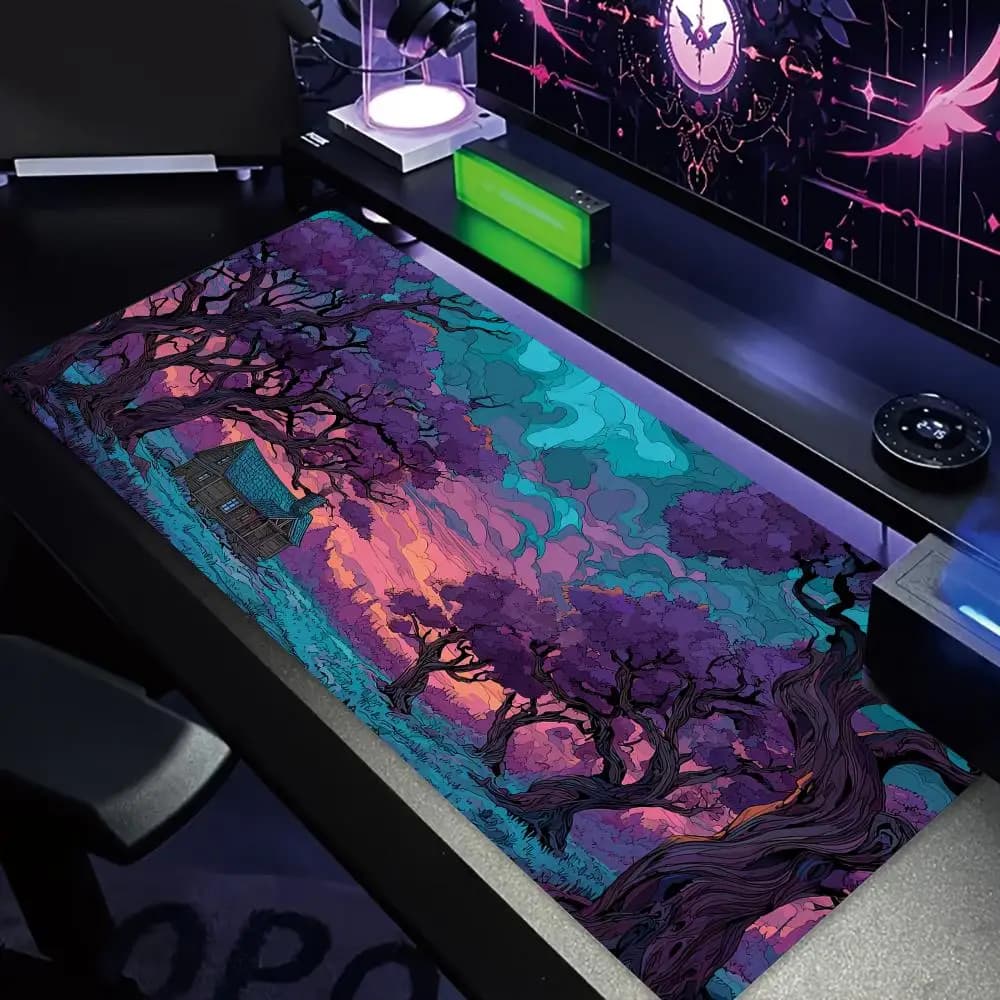 Misterioso viola foresta grande tappetino per mouse tappetino da scrivania tappetini da gioco antiscivolo bordo cucito accessori per pc tastiera mousematino tappeto da ufficio