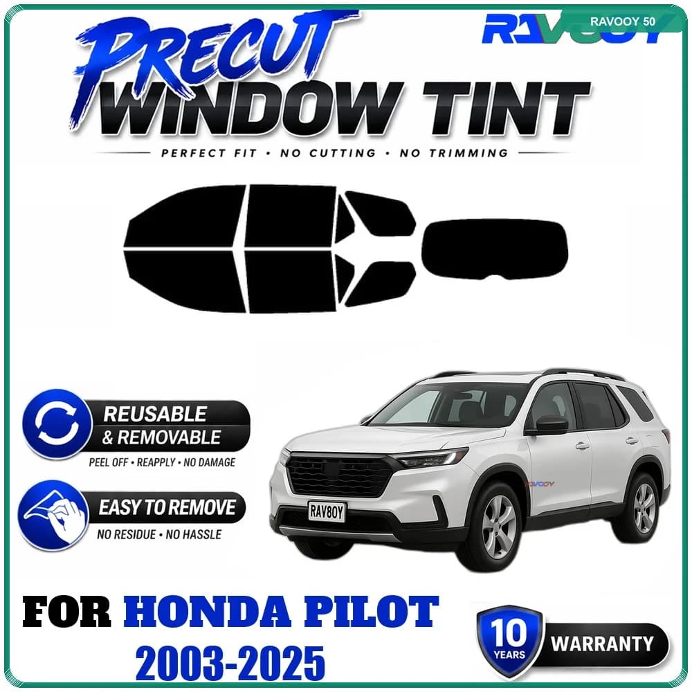 RAVOOY Precut Window Tint, Reusable Removable EPU Film, Custom Fit for Honda Pilot 2003-2025, UV Heat Protection