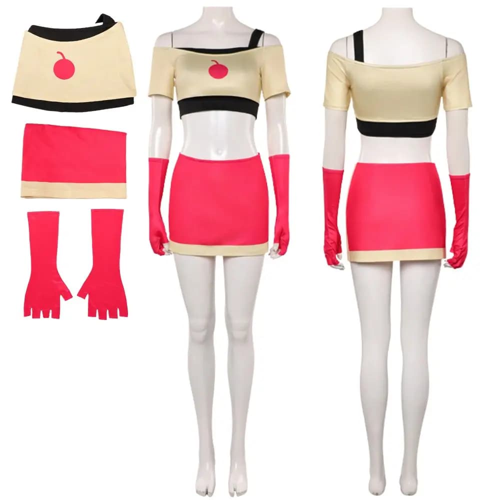 Hazzbin Cherri Bomba Cosplay Fantasia Costume Hotel Travestimento per le donne Top Gonna Guanti Abiti da gioco di ruolo Vestito di carnevale di Halloween