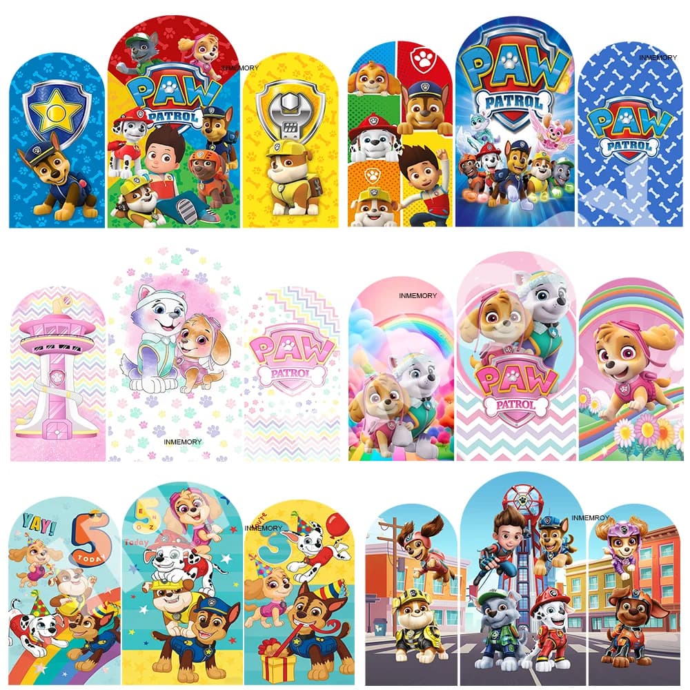 Copertura per fondale ad arco Paw Patrol Skye, con personaggi dei cartoni animati Marshall e Chase, per baby shower, parete ad arco, striscione di compleanno, sfondo a torre, bifacciale