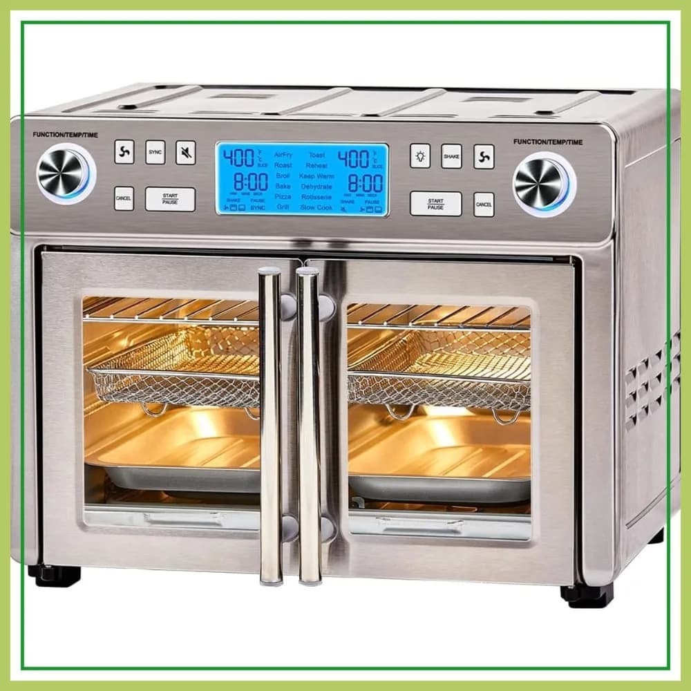 Forno Combinato con Friggitrice ad Aria a Doppia Zona 360, 25 QT Extra Large, Cuoce Due Alimenti Diversamente, 60% Più Veloce dal Congelato, Pietra per Pizza Inclusa