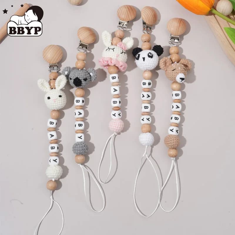 Nome personalizzato per bambino Anello per orso animale all'uncinetto Clip per ciuccio Catene per dentizione sicure Massaggiagengive Porta clip per manichino ecologico in faggio