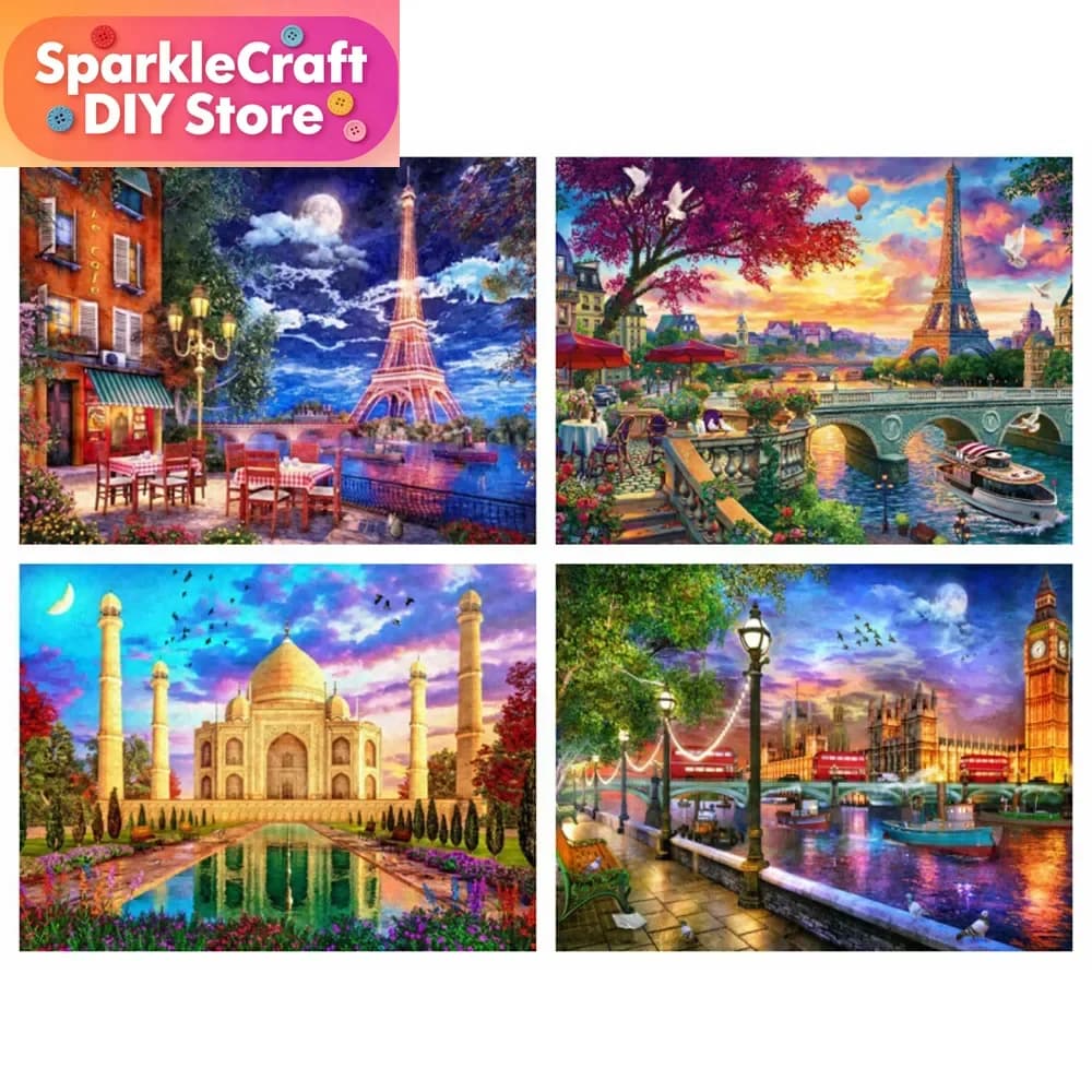 1 pezzo di pittura diamantata senza cornice, paesaggio notturno di strade cittadine, 30x40 cm, decorazione per la casa, ricamo, scena con ponte e casa, arte del ricamo