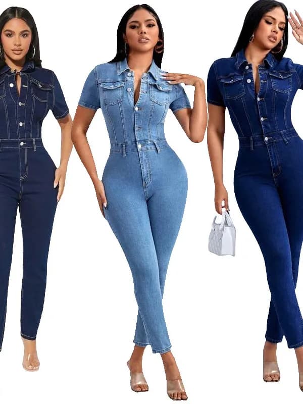 plus Size Women's Denim Jumpsuits Long S Standard Fit Mid-Elasticity Tight Waist Jeans Blue Button Closure Folded Fabric