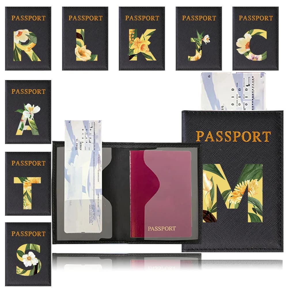 Porta Passaporto in Pelle PU, Porta Carte Nero, Accessorio da Viaggio Leggero per Voli, Serie con Motivi Floreali