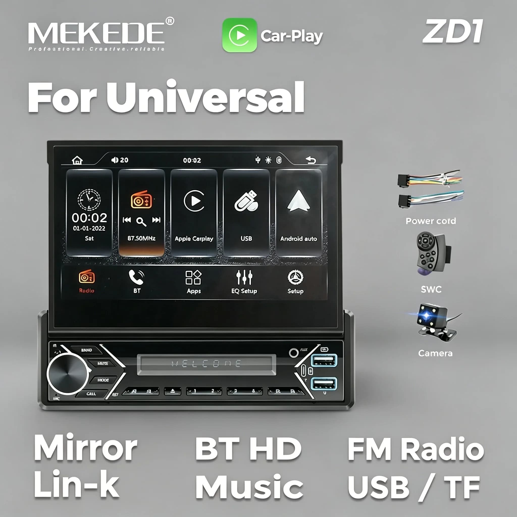 MEKEDE U.S. Autoradio Smart con Controllo Centrale Automatico Retrattile 1 Din, Wireless Carplay, Lettore Multimediale Centrale MP5 per Auto
