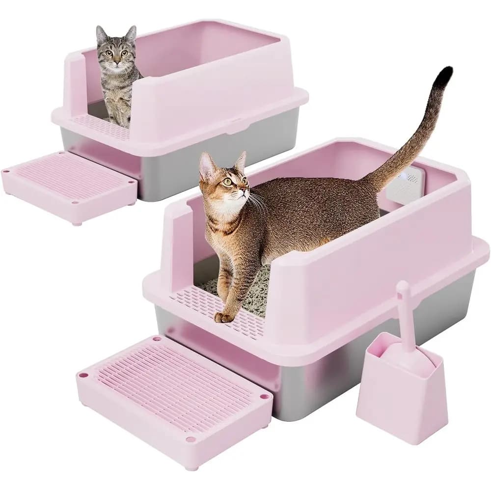 Grandi Lettiere Doppie per Gatti in Acciaio Inossidabile Rosa - Antiaderenti, Resistenti agli Odori con Bordi Alti per Facile Pulizia