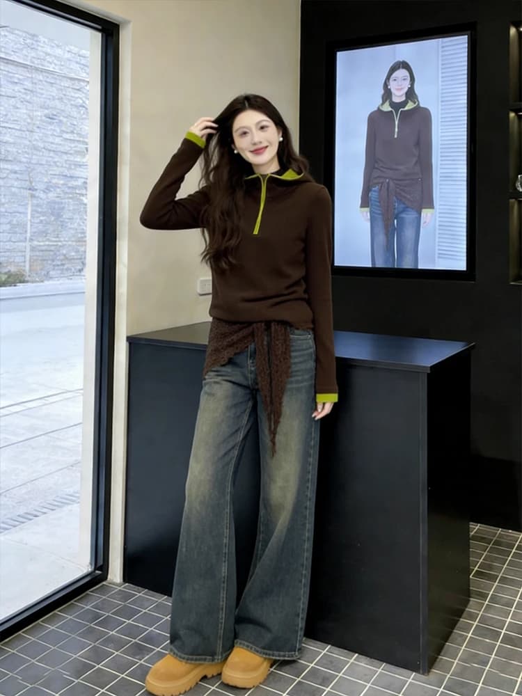 Completo Casual da Donna di Alta Gamma con Felpa con Cappuccio e Zip Colorata e Jeans, Set Due Pezzi Semplice e Alla Moda per Primavera