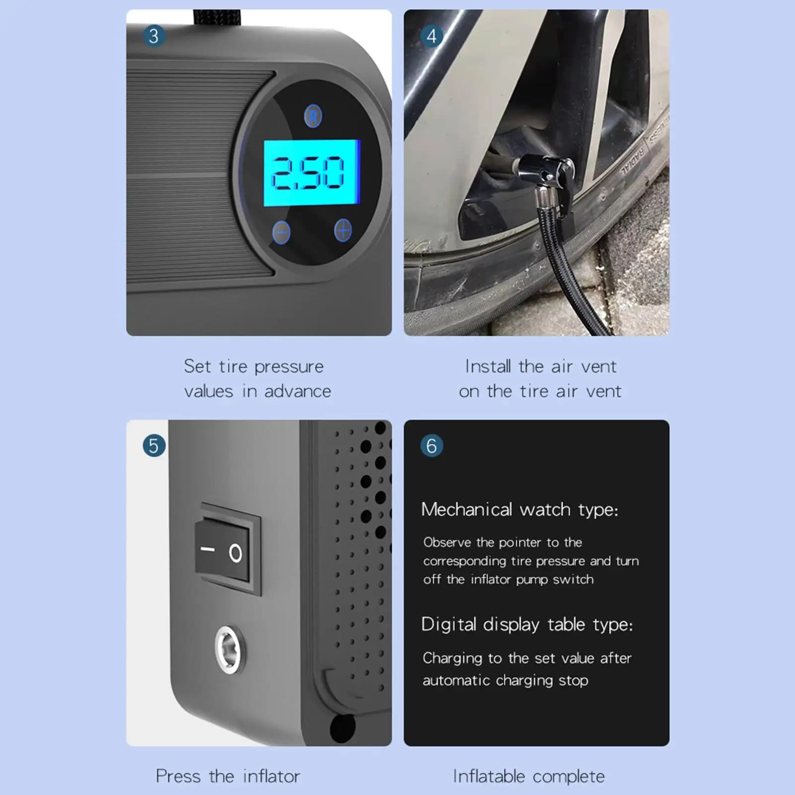 Gonfiatore portatile per pneumatici per auto Strumento di gonfiaggio automobilistico portatile con spegnimento automatico cablato Pompa d'aria intelligente per pneumatici per auto