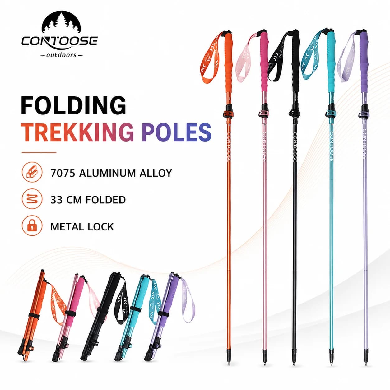 1PCS Aluminum Alloy Folding Trekking Pole, Adjustable 105-120cm Hiking Stick with 33cm Folded Size for Camping Trail Walking