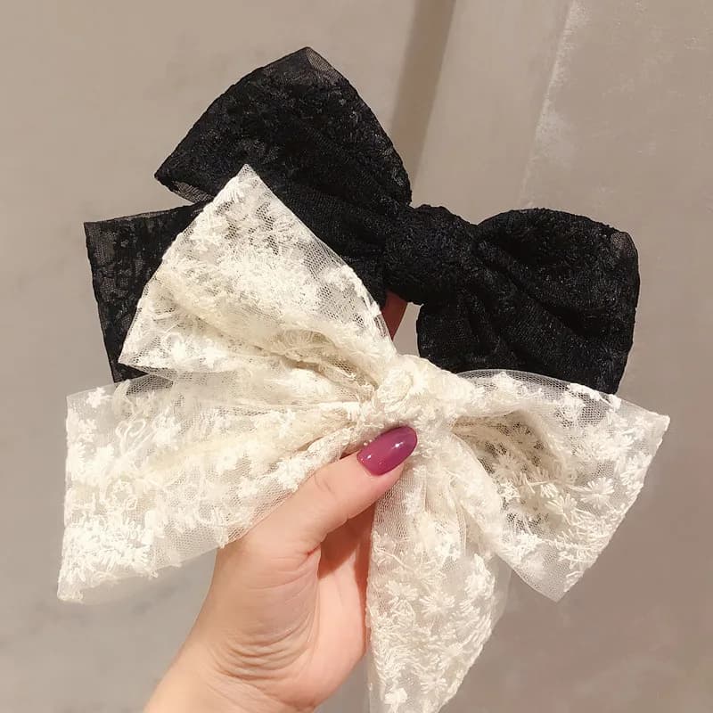 Elegant Embroidered Lace Bow Ribbon Spring Hair Clips Sweet Viral Style Headwear For Young Trendy Girls Daily Outfit