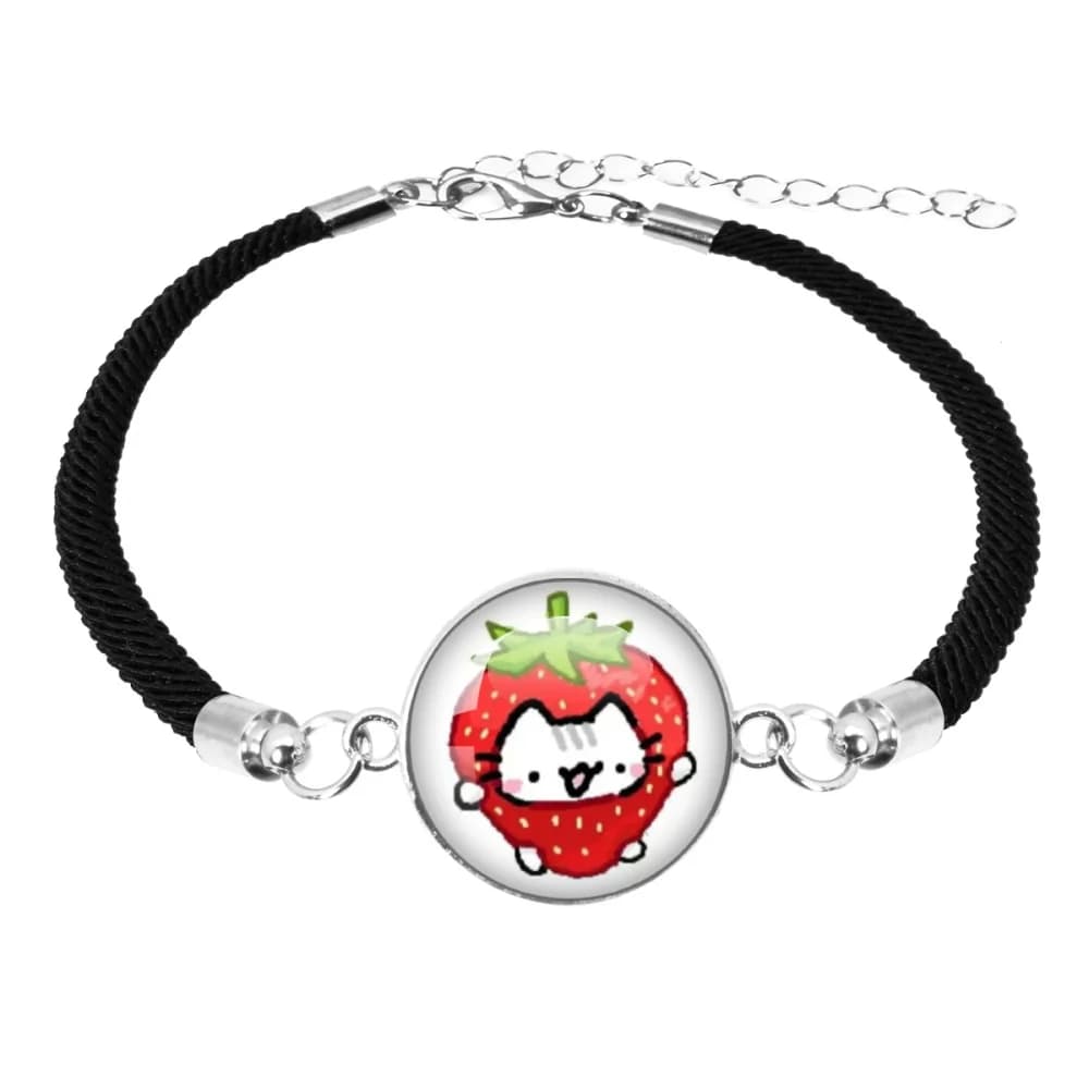 Braccialetto con ciondolo in vetro cabochon a forma di gatto B-Basiilleaf, gatto fragola, meme divertente, kawaii, con cordino nero, idea regalo